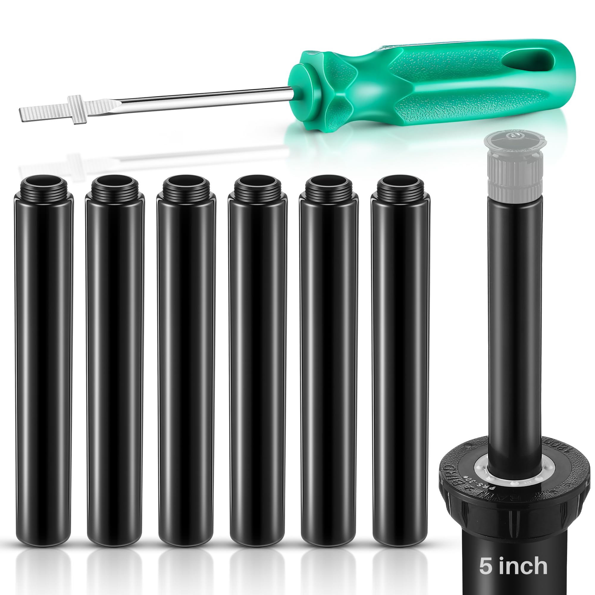 Photo 1 of HappyAlley 5" Popup Riser Extensions Compatible with Rain Bird 1800, Sprinkler Head Riser Extender with RotorTool Screwdriver Fits 1/2” Male/Female, Garden Lawn Irrigation Spray Head Upgrade, 7 Set