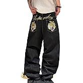 DFGIGT Men's Hip-hop Embroidered Baggy Jeans Loose Fit Denim Black Trousers