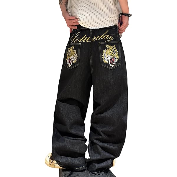 Bakyarder Men's Vintage Washed Cargo Jeans, High Waist, Baggy Wide