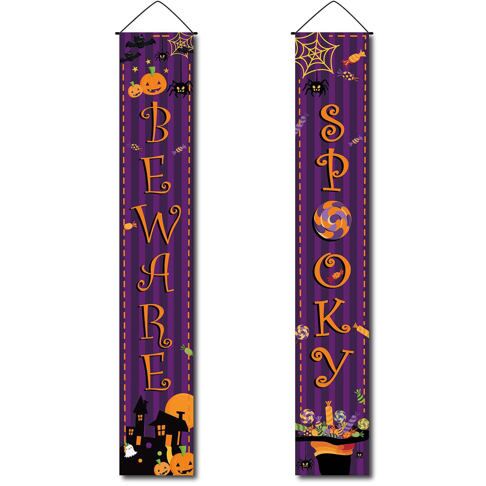 CREATCABIN Halloween Hanging Banner Beware Spooky Pumpkin Haunted House Bat Candy Spider Ghost Door Decor Porch Sign Purple For Indoor Outdoor Holiday Home Party Porch Wall Xmas 11.8 x 70.8inch