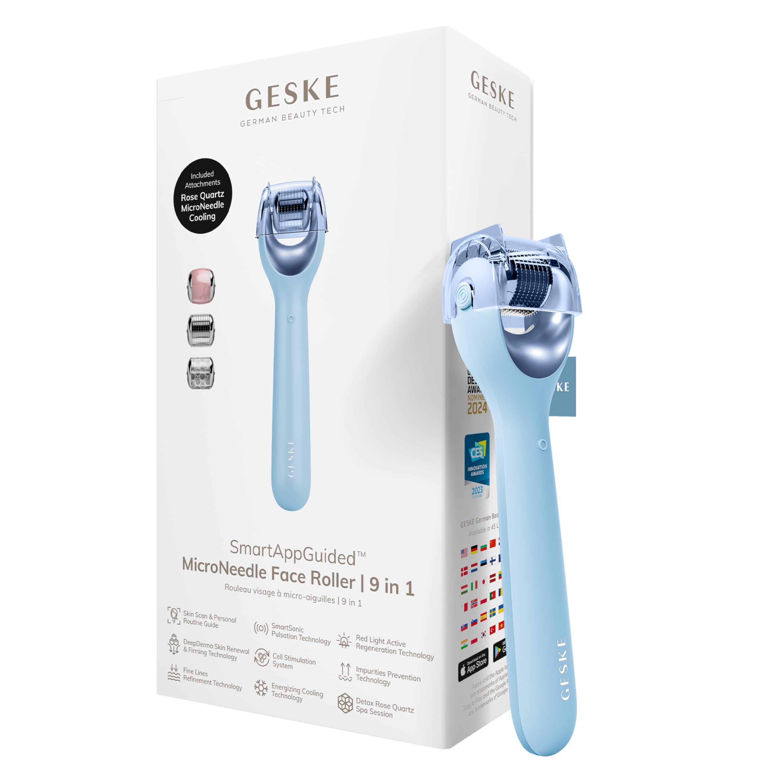 GESKE SmartAppGuided™ MicroNeedle Face Roller | 9 in 1 | Electric derma roller with rose quartz | Professional microneedling device | Needle roller | Beauty roller for face