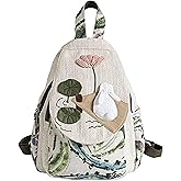 Qalmea Bohemian Woven Canvas Bag, Unique Design for Women Rabbit and Lotus Flower Backpack Purse
