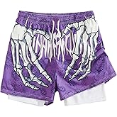 GORGLITTER Men's Skull-Hand Graphic Basketball Shorts with Liner 2 in 1 Drawstring Waist Workout Athletic Shorts