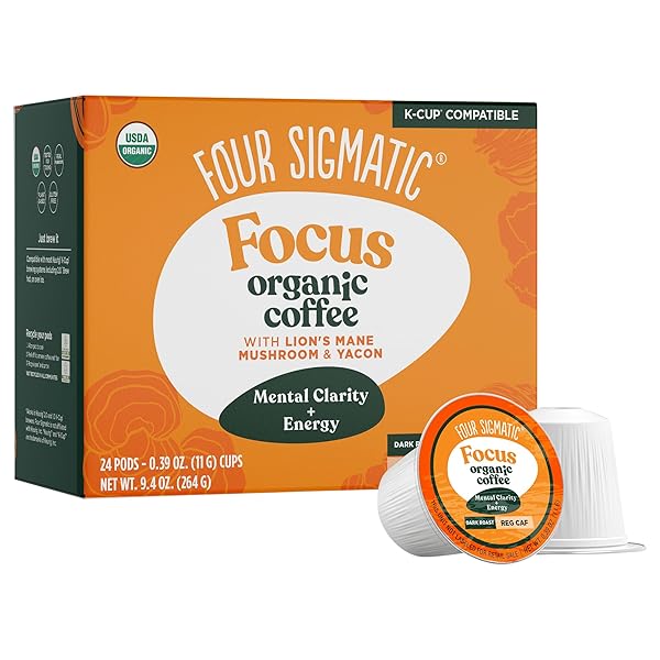 FOUR SIGMATIC MUSHROOM COFFEE K-CUPS | ORGANIC DARK ROAST COFFEE WITH LION’S MANE MUSHROOM POWDER & YACON | FOCUS & IMMUNE SUPPORT | VEGAN & KETO | SUSTAINABLE PODS | 24 COUNT