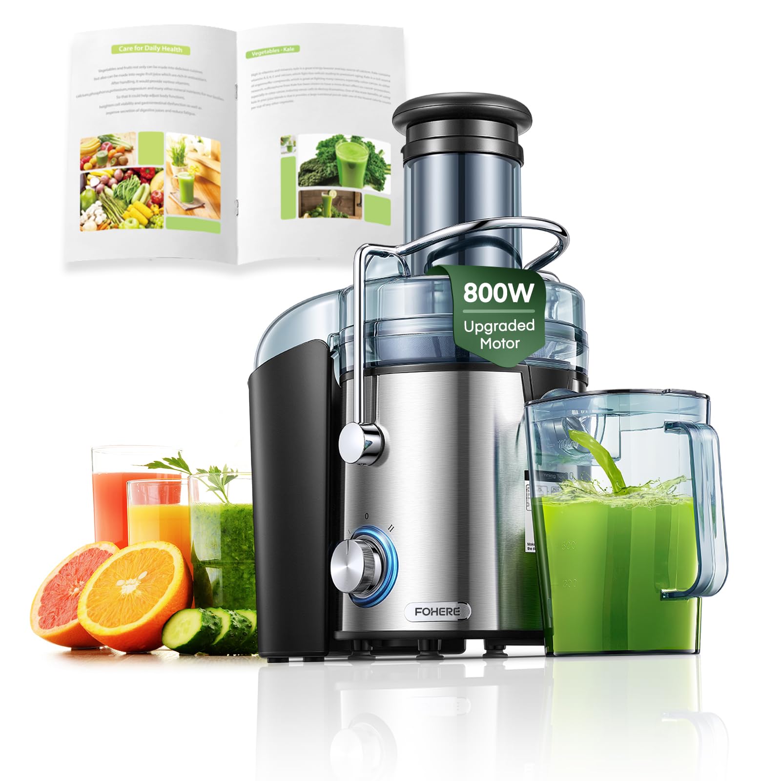Juicer Machines, FOHERE 1000W Juicer Whole Fruit and Vegetables, Quick Juicing Easy to Clean, 75MM Large Feed Chute, Dual Speed Setting and Non-Slip Feet, Silver