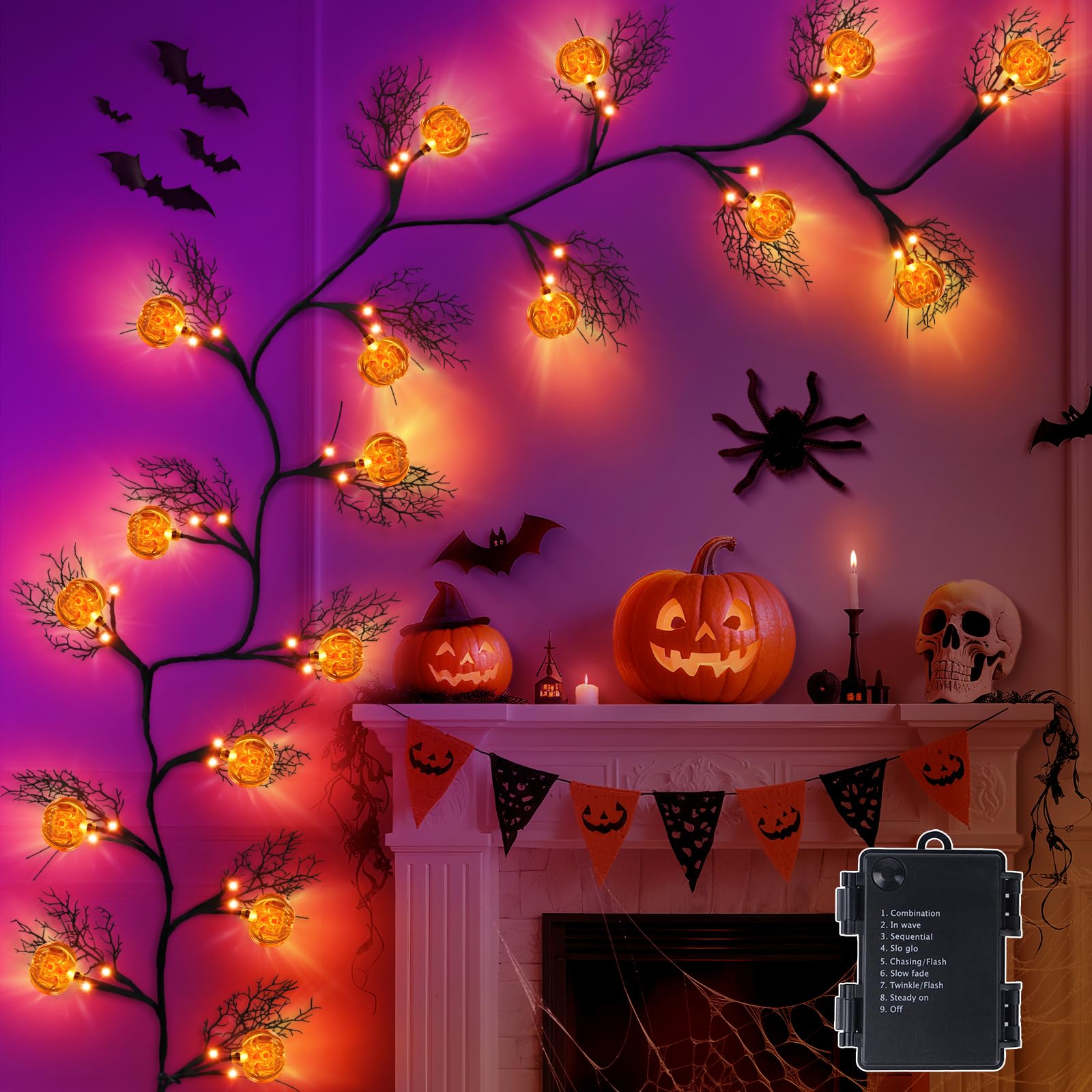 Photo 1 of [8 Modes & Timer] 6Ft 45 LED Halloween Willow Vine Twig Garland with Orange Lights - Battery Operated, Waterproof Halloween Decor for Indoor Wall, Fireplace Mantle, Home Party (Pumpkin, 6FT)