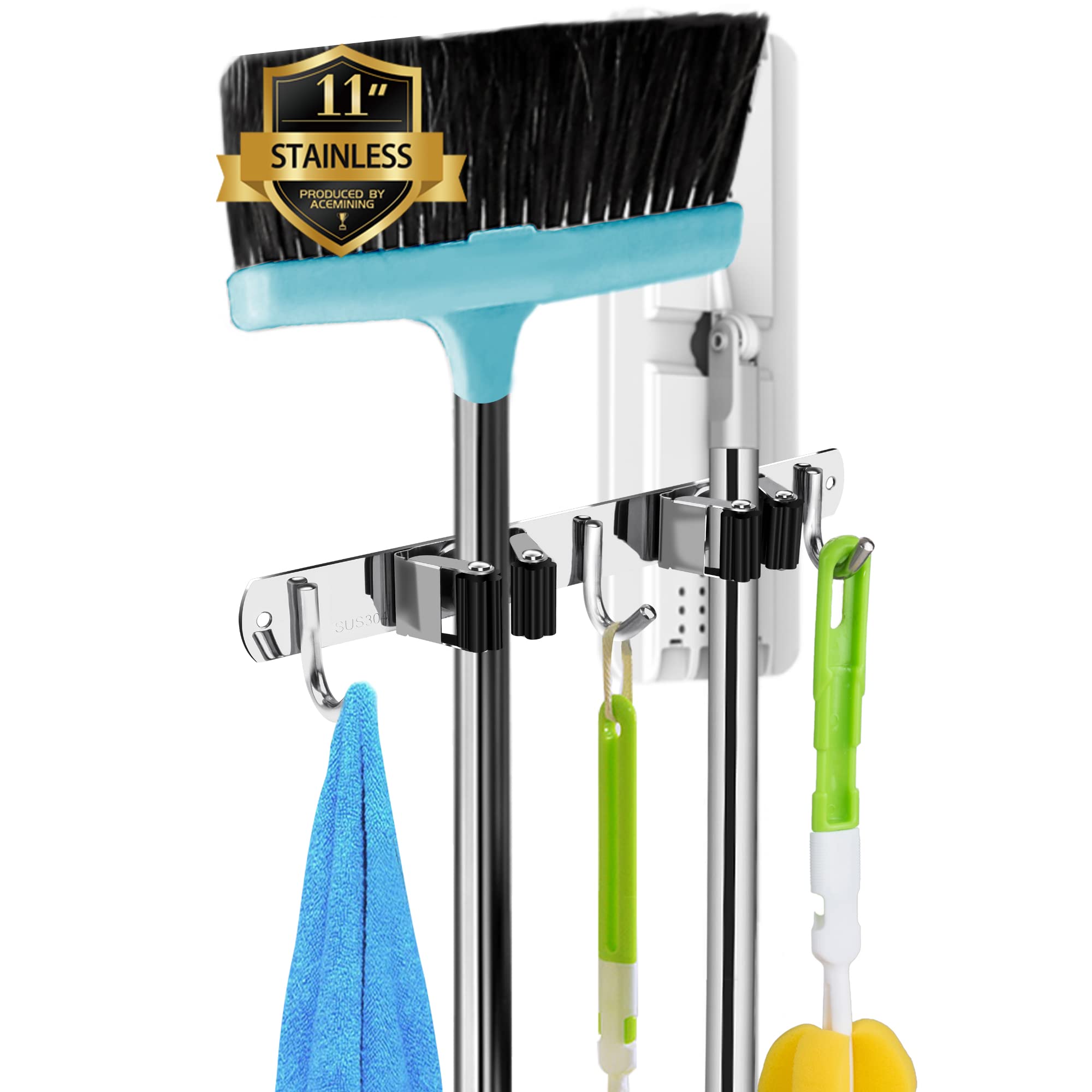 2 Racks and 3 Hooks Broom and Mop Holder Wall