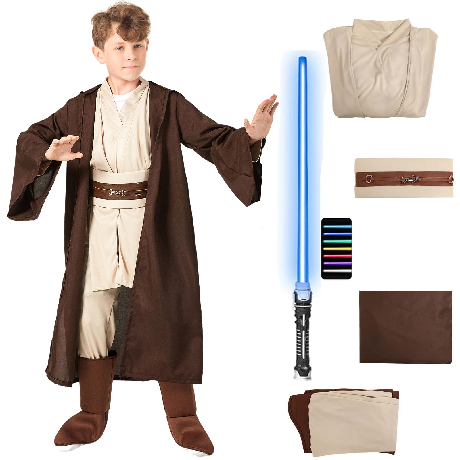 Makoike 5PCS Kids Knight Costume with Skywalker Lightsaber Tunic Outfit Hooded Robe Pants Belt Halloween Costume Props