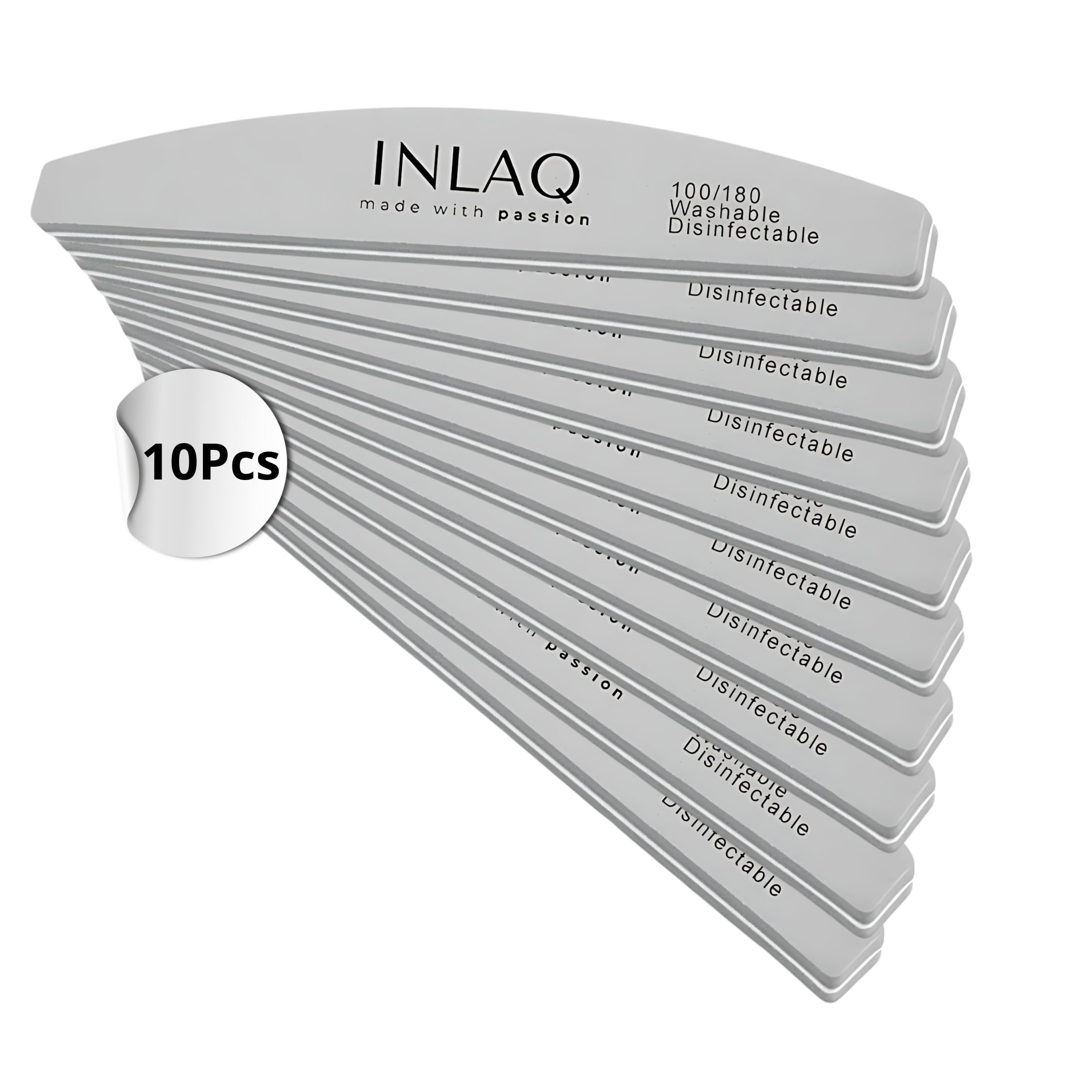 INLAQ® Nail Files Double Sided Pack of 10-100/180 Grit, Emery Board | Durable and Versatile for Natural and Extended Nails - Perfect for Manicure and Pedicure Treatments | Grey