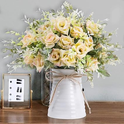 Amazon Lesing バラ造花 花瓶付き フェイクシルクフラワーブーケ ウェディングフラワーデコレーション テーブル ホーム オフィス パーティー 用 シャンパン 造花 オンライン通販