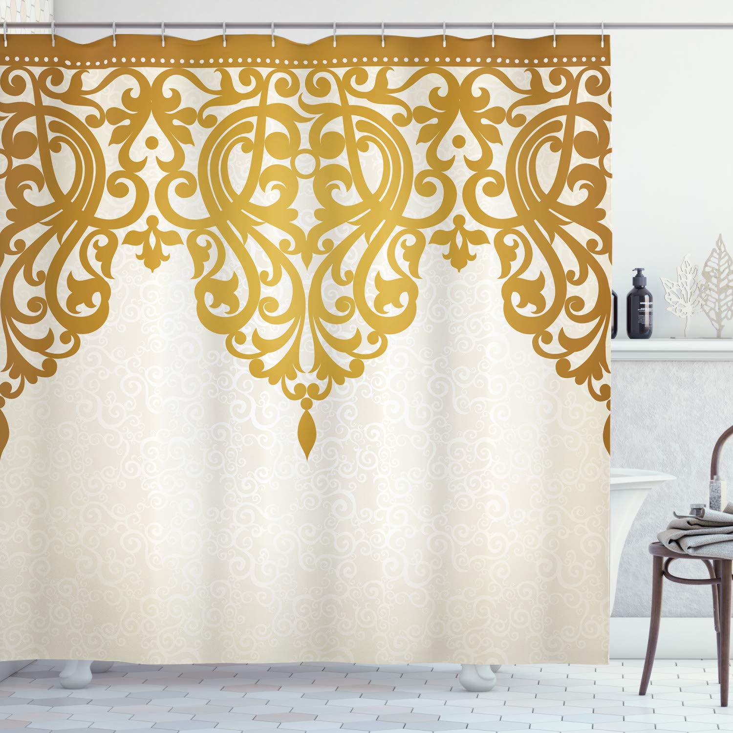 ABAKUHAUS Antique Shower Curtain, Victorian Style Medieval Motifs Classic Baroque Oriental Shapes Print, Cloth Fabric Bathroom Decor Set with Hooks, 175 x 200 cm, Light Brown Cream