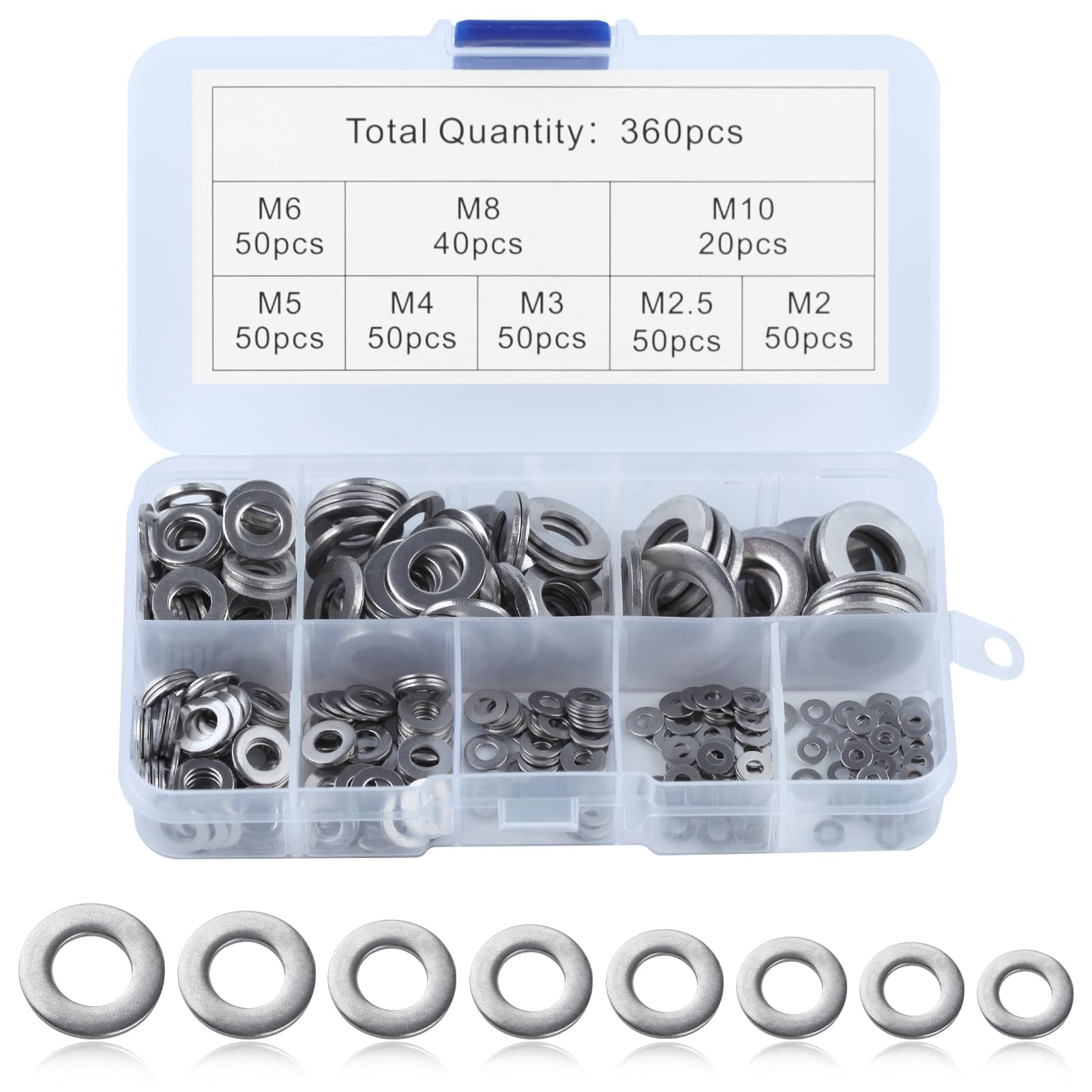 LEONTOOL 304 Stainless Steel Flat Washers Assortment Kit, 360 PCS 8 Metric Sizes-M2 M2.5 M3 M4 M5 M6 M8 M10 Fender Washers for Screws and Bolts, Hardware Washer Set for Home & Industrial Usage