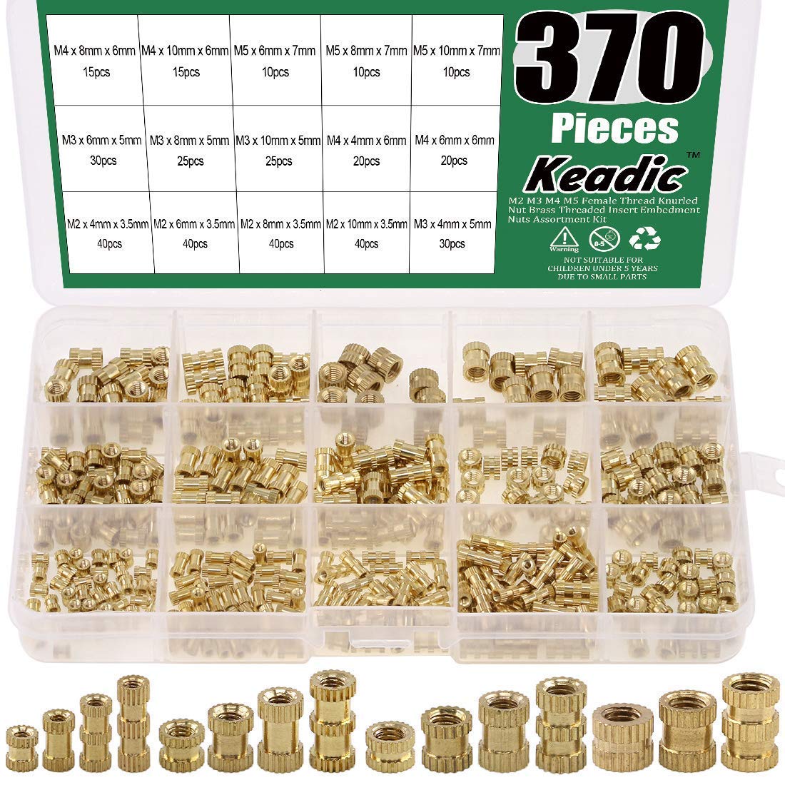 Keadic 370PCS M2 M3 M4 M5 Female Thread Knurled Nut Brass Threaded Insert Embedment Nuts Assortment Kit
