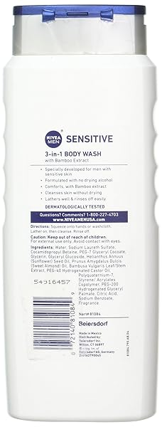 NIVEA FOR MEN BODY WASH, SENSITIVE, 16.9 FL OZ