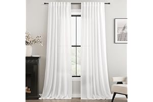 JOLILIGHT Linen White Curtains 84 inches Long for Bedroom Back Tab Privacy Light Filtering Semi Sheer White Boho Farmhouse Curtain Drapes Cotton Textured Modern Elegant Coastal Living Room Decor Off White