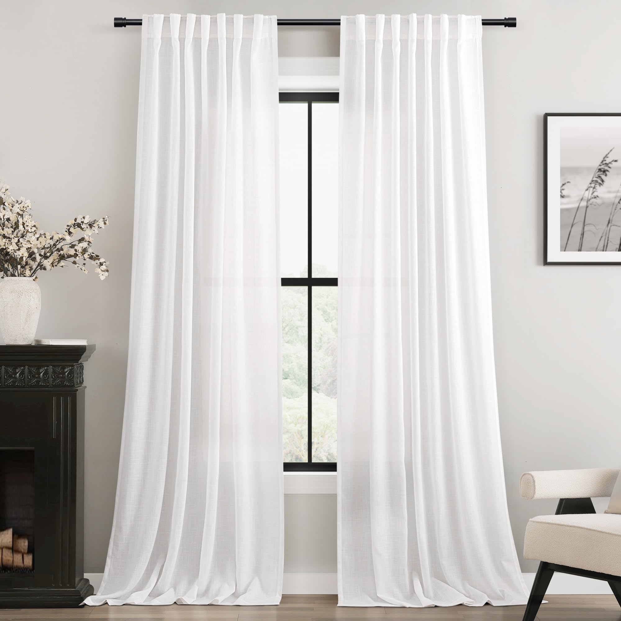 Linen White Curtains 90 inches Long for Bedroom Loop Pocket Privacy Light Filtering Semi Sheer White Boho Farmhouse Curtain Drapes Cotton Textured Modern Elegant Coastal Living Room Decor 60x90 Image