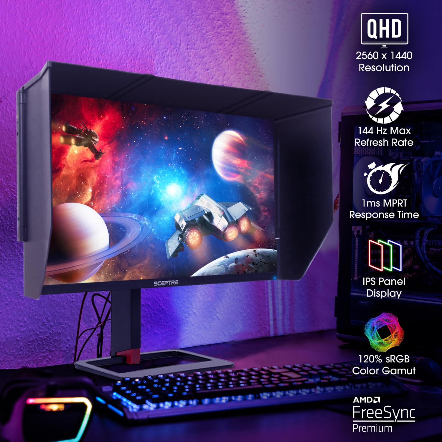 Sceptre IPS 32 inch QHD LED Monitor HDR400 2560x1440 HDMI DisplayPort up to 144Hz 1ms Height Adjustable Gaming Blinders Included, Build-in Speakers Gunmetal Black 2021 (E325B-QPN168+)