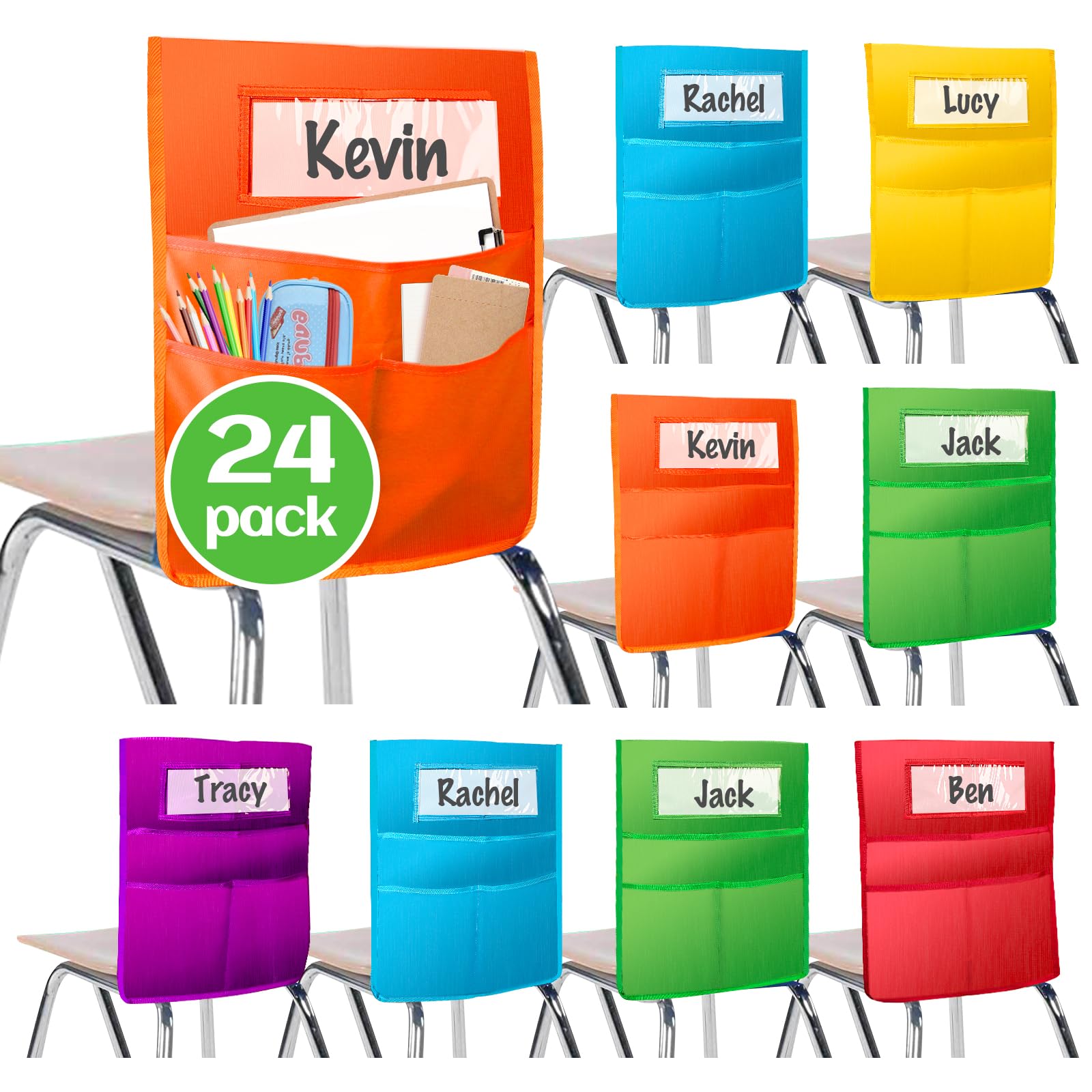 Photo 1 of SpringFlower 16" x 20” Canvas Chairback Buddy Pocket Chart Seat Pocket Chart for Classroom K-2,Chair Seat Pocket Chart Storage,Classroom Organizer with 3 Chair Pockets and Student Name Tag,24 Pack