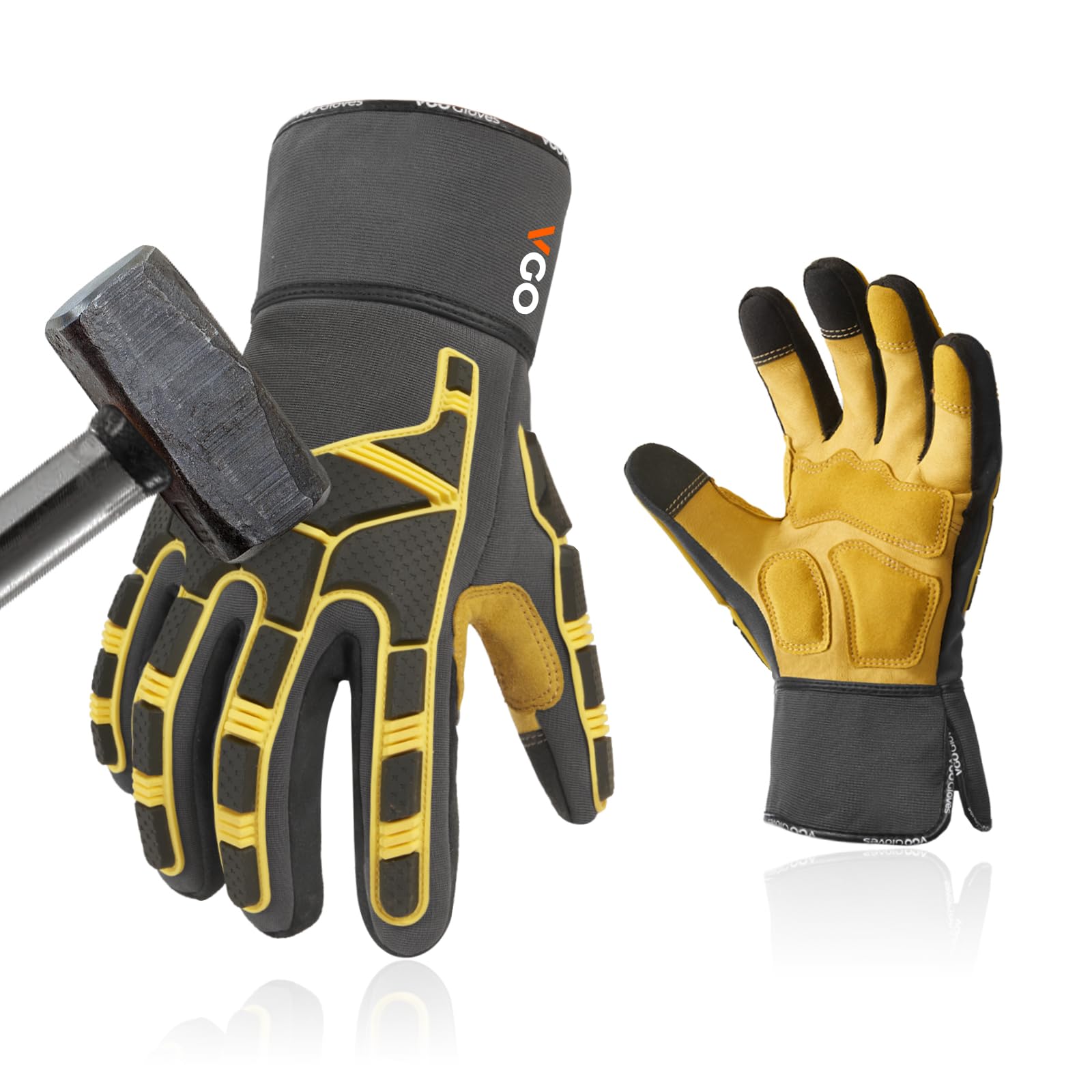 Vgo... Work Gloves Anti Impact Cowhide Touchscreen, Utility Working Gloves Men Heavy Duty for Construction Hgv Trucker Warehouse Multipurpose