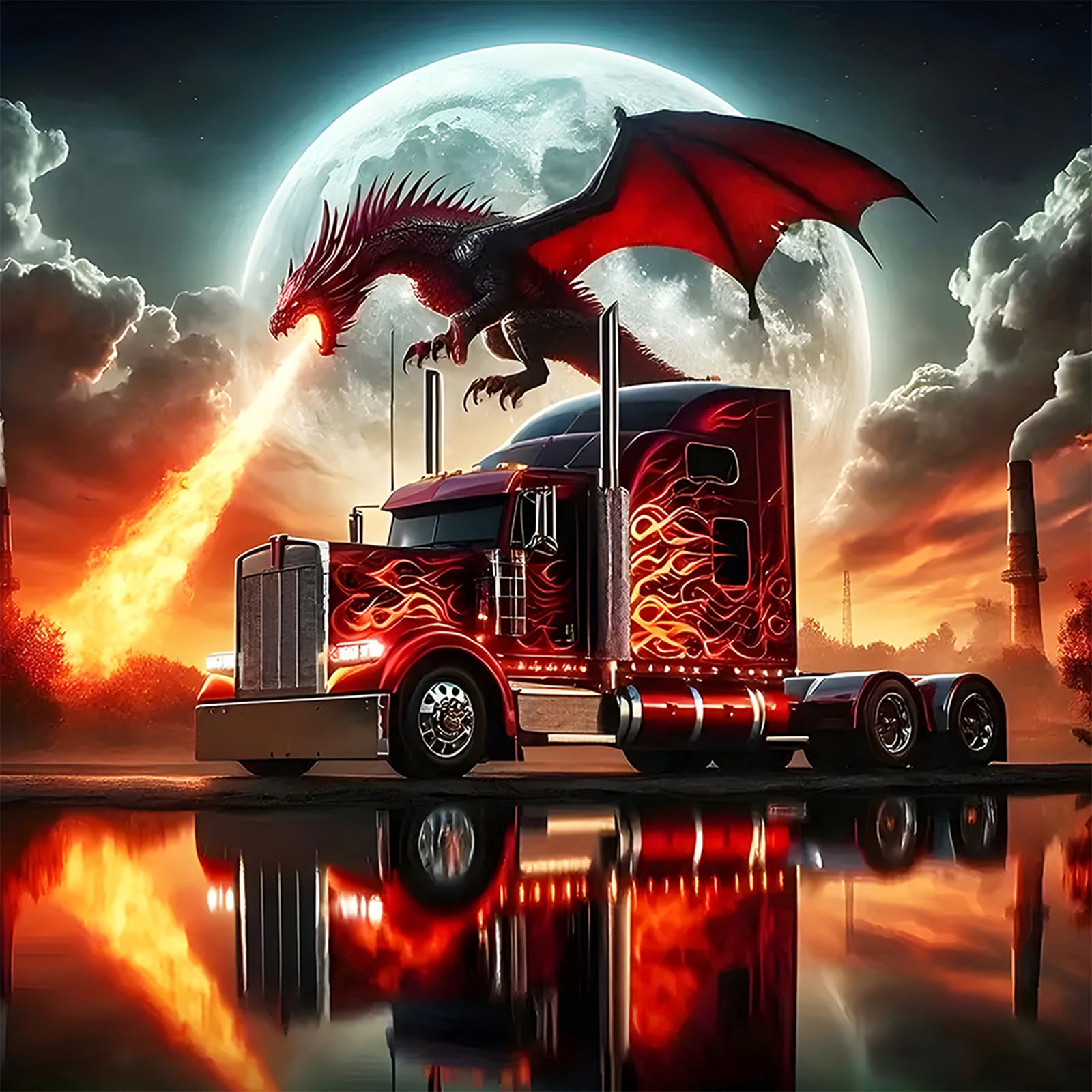 MXJSUA Dragon Truck Diamond Painting Kits for Adults, 5D Diamond Art Kits for Beginners, DIY Full Drill Picture with Diamond for Home Wall Decor 30x30cm