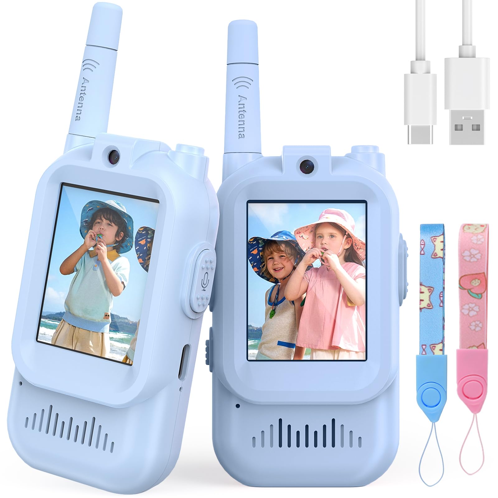 Video Walkie Talkies for Kids, 2-Pack Long Range, 2 Way Radio Video Walkie Talkies Gifts Toys for 3 4 5 6 7 8 Year Old Boys Girls, Outdoor Toys Camping, Garden Games, Birthday, (Blue+Blue)