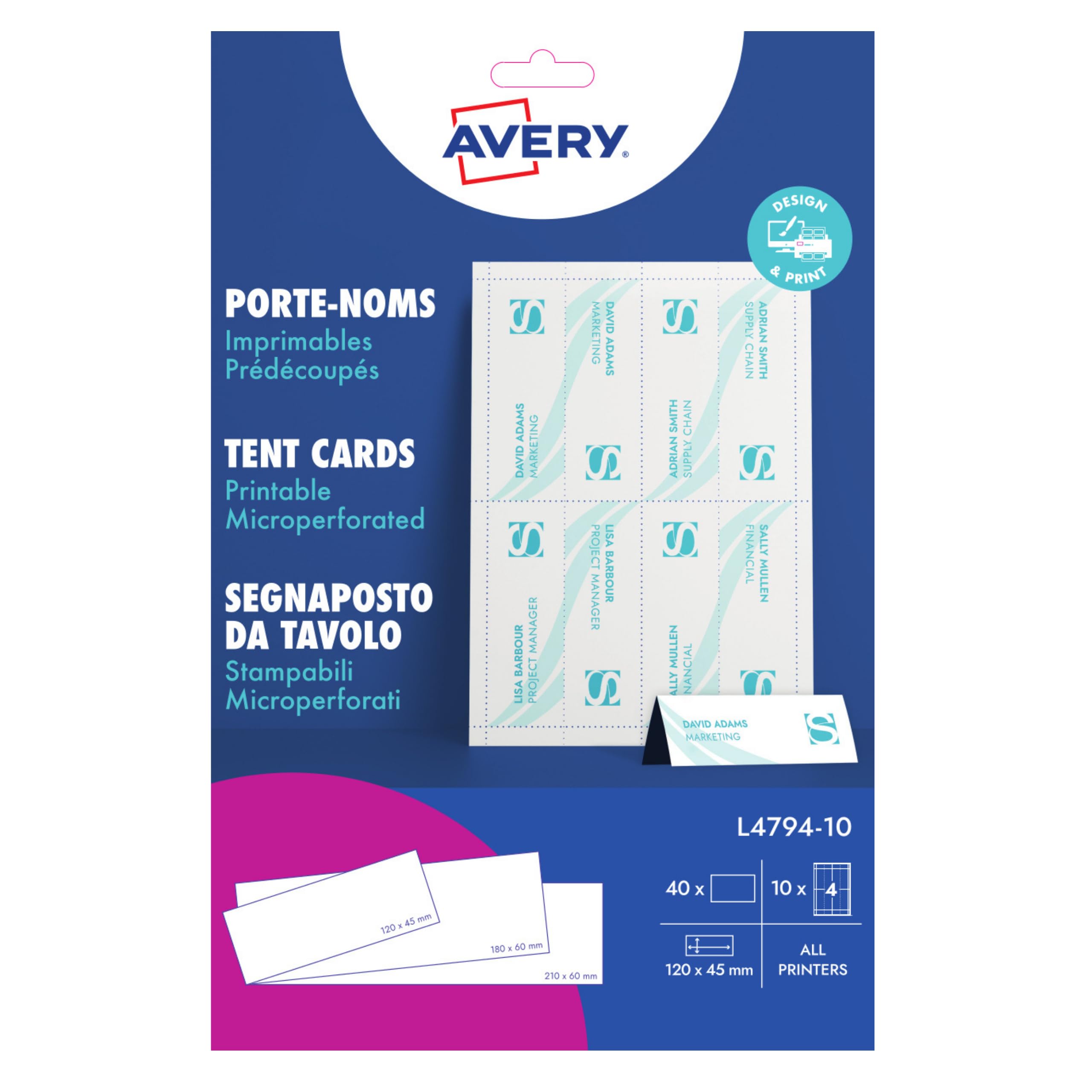 Avery, Customisable Tent Cards, Printable, A4, White, 4 Place Cards Per Sheet, 10 Sheets per Pack (L4794-10)