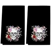 Halloween Skull Flower Kitchen Dish Towel, Black Skeleton Hand Towel, 2 PC Gothic Tea Towel Decorative for Bathroom Kitchen 18 x 26 in