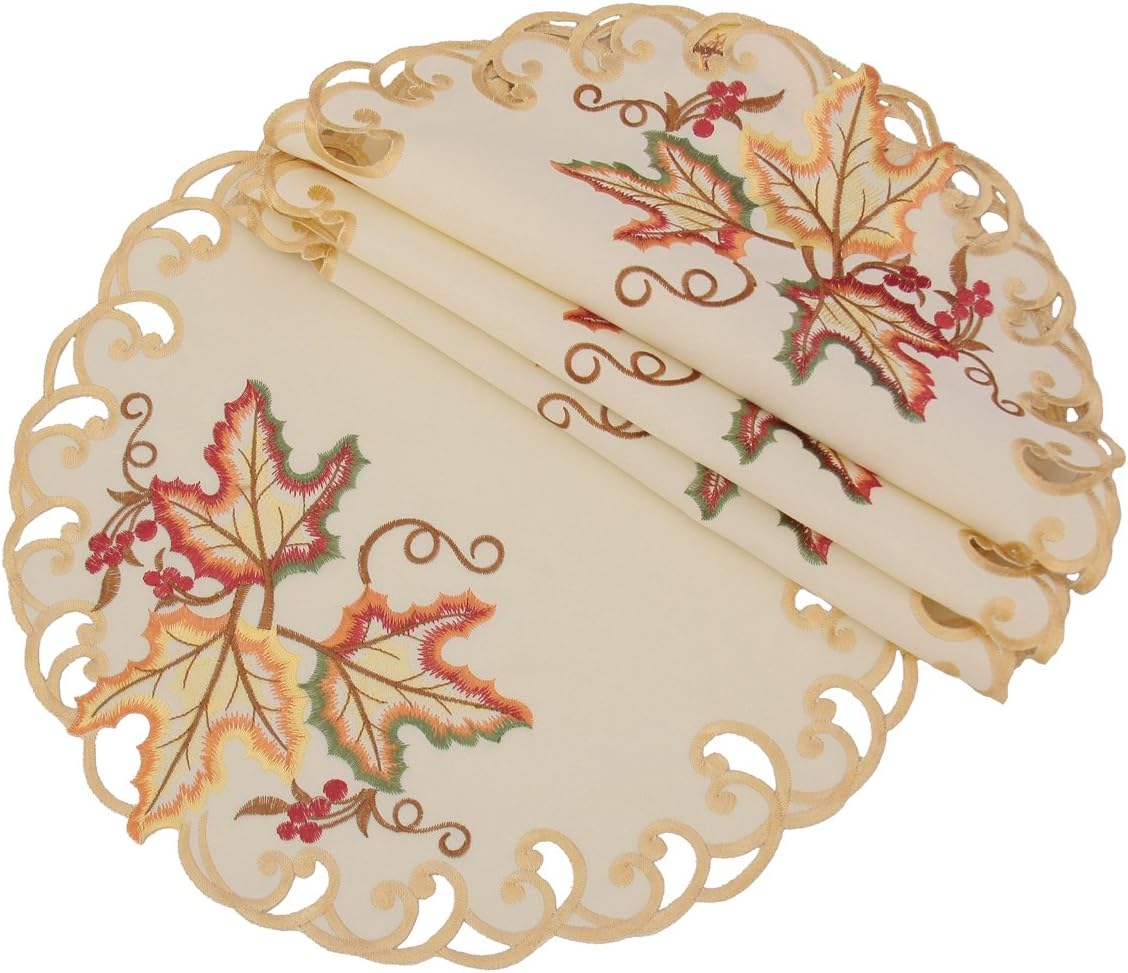 Xia Home Fashions Moisson Leaf Embroidered Cutwork Fall Placemats,16-Inch Round, Set of 4
