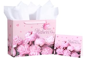 Loveinside Mother's Day Floral Gift Bag, Pink Flower and Butterfly Design, Medium Size Bag with Tissue Paper, Tag, Greeting Card, Ideal for for Mother's Day Celebration, 13" x 5" x 10", 1 Pcs