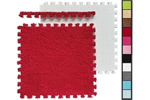 HUIDUO 12 Pcs Shaggy Interlocking Foam Carpet Tiles - 12" x 12", 12 Sq,Ft Kids Carpet Squares Protective Floor Mats Crawling Exercise Area Rugs for Children Room, Home or Classroom Use, Red