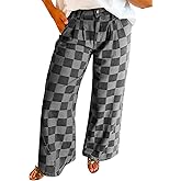 Womens Plaid Print Baggy Wide Leg Jeans High Waisted Straight Leg Denim Pants Chessboard Pattern Jeans