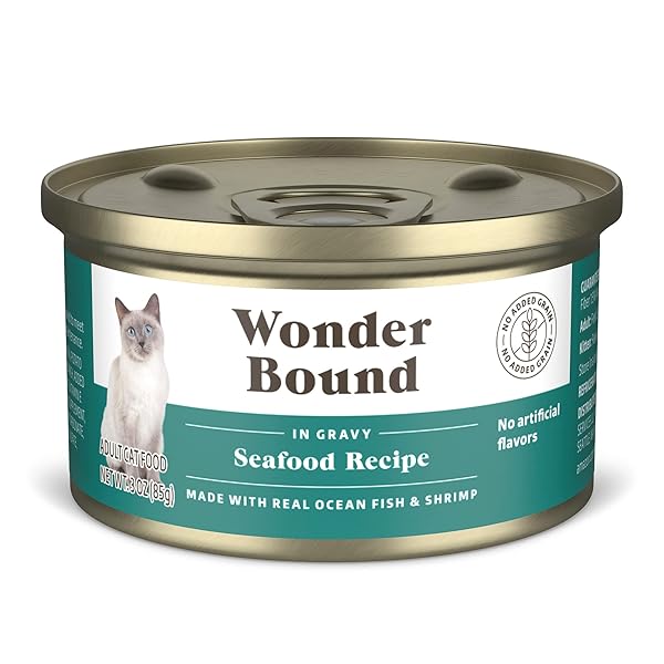 AMAZON BRAND – WONDER BOUND WET CAT FOOD, GRAVY, NO ADDED GRAIN, 3 OZ CANS, PACK OF 24 (SEAFOOD)