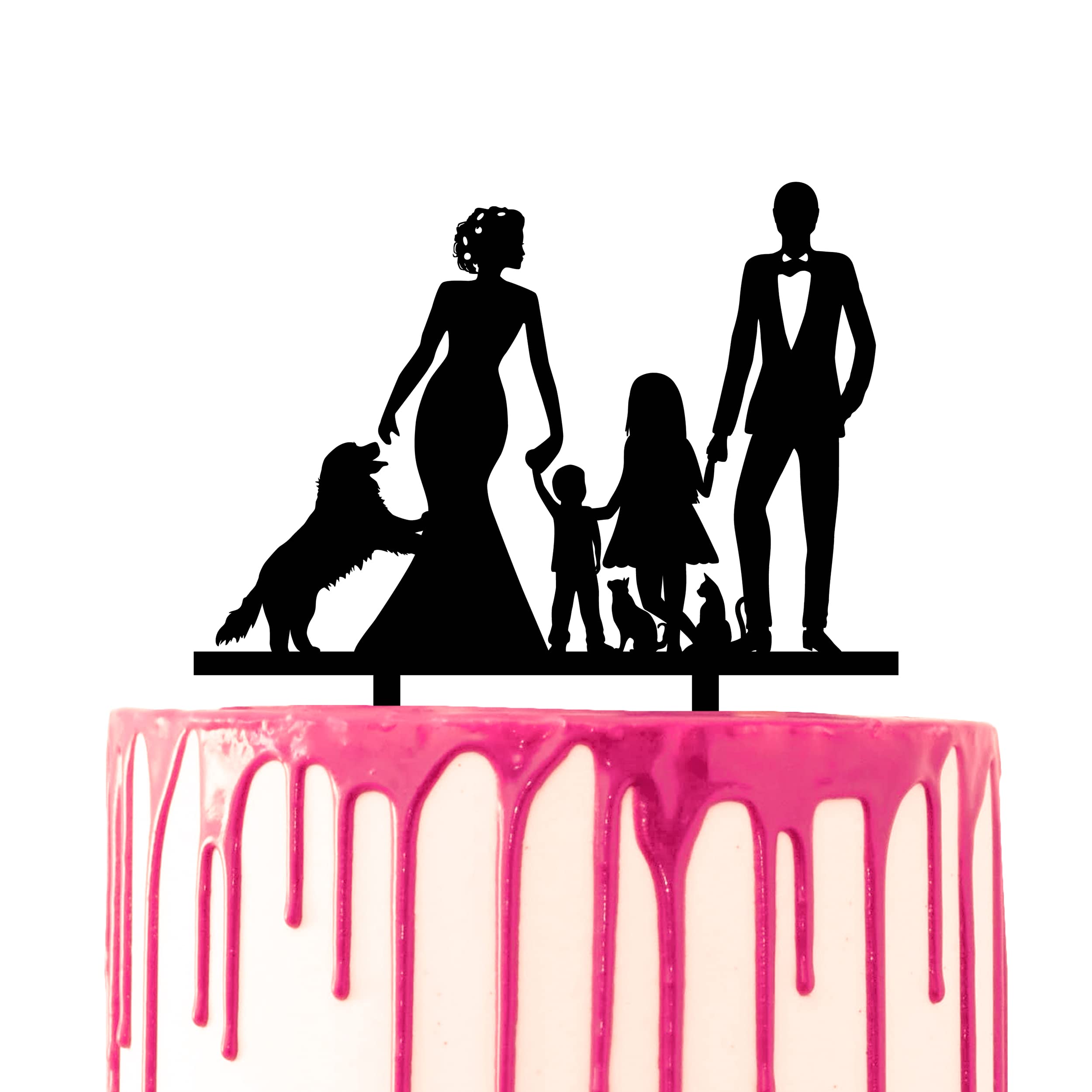 CARISPIBET marriage cake topper couple holding hands with son and daughter and a pet dog and two cats around them