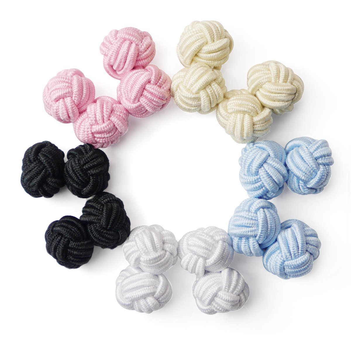 HONEY BEAR 5 Pairs Mens/Women Silk Fabric Knot Twisted Cufflinks Set, for Shirt/Dress Business Wedding,Round Shape with Box (Blue Beige White with box)