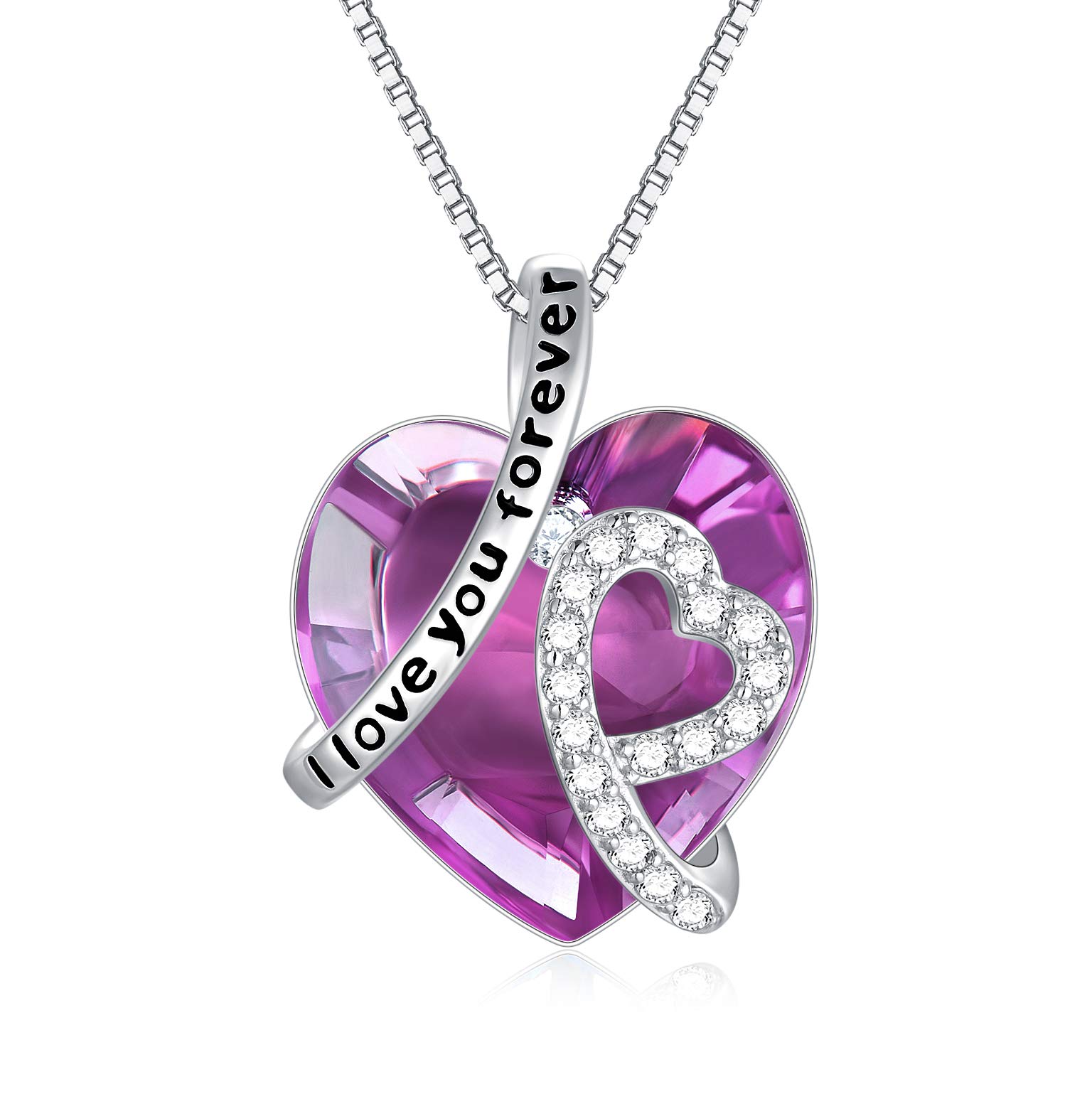 Sterling Silver I Love You Forever Heart Pendant Necklace with Birthstone Crystals, Birthday Wedding Anniversary Jewellery Gifts for Her Women Wife Mum Girlfriend (Simulated Amethyst)