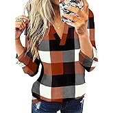 WIHOLL Womens Tops Dressy Casual 3/4 Length Long Sleeve V Neck Halloween Shirts Ladies Work Blouses Early Fall Fashion Clothes 2025 Burnt Orange Plaid M