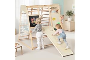 Kinder King 10-in-1 Kids Wooden Climbing Toys, Toddler Jungle Gym w/Drawing Board, Slide, Climbing Rock & Net, Ladder, Monkey Bars, Swing, Gymnastic Rings, Indoor Playground Climber Set, Natural