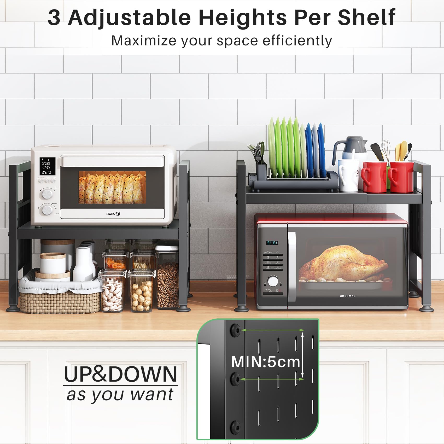 SAYZH Mikrowellen Regal, 2-stufiges Erweiterbares mikrowelle Regal Mikrowellenregal Organizer Küche mit 10 Haken, Flexibel Ausziehbar von 40-70cm, Stufiges Küchenregal mikrowellenständer, Schwarz 4