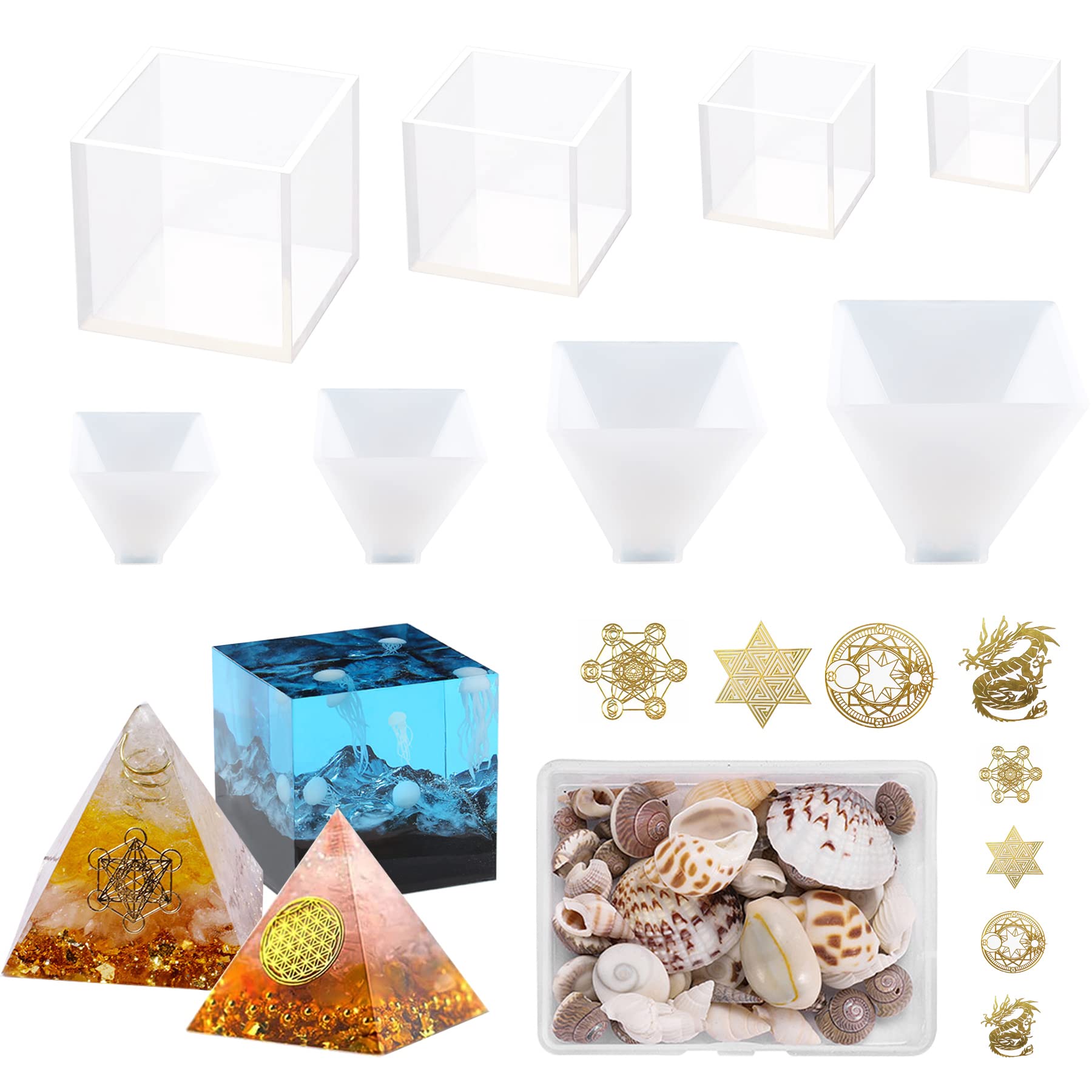 Yayatty 17 PCS Silicone Molds for Epoxy Resin Set, 4 PCS Pyramid Resin Silicone Mould and 4 PCS Cube Epoxy Moulds with Resin Filler for Ogan Pyramid Muold, Home Table Decoration