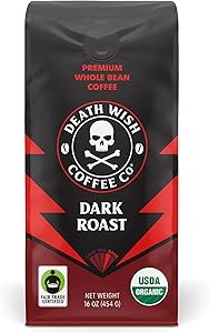 Death Wish Coffee, Organic and Fair Trade Dark Roast Whole Bean Coffee, 16 oz