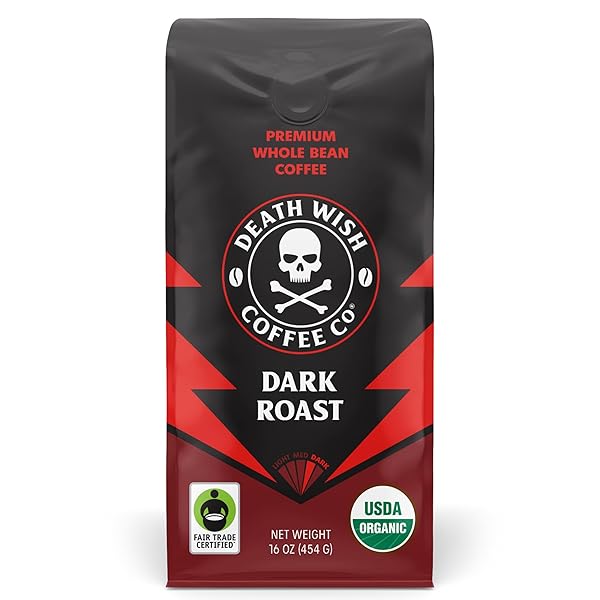 DEATH WISH COFFEE, ORGANIC AND FAIR TRADE DARK ROAST WHOLE BEAN COFFEE, 16 OZ