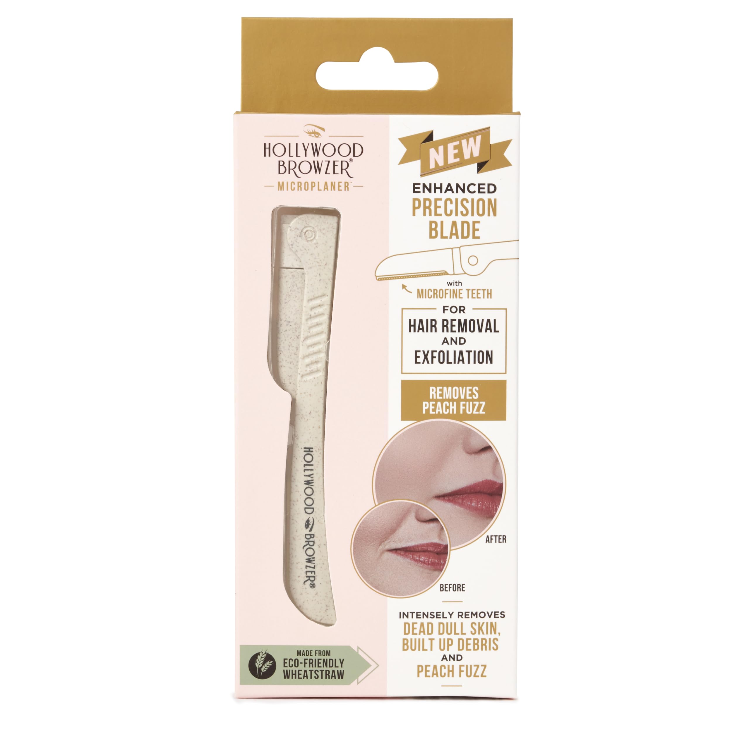 Hollywood Browzer Microplaner Razor - Enhanced Precision - Microfine Precision Dermaplaning Tool - Eyebrow Shaping - Face hair remover - Remove Peach Fuzz Hair - Eco-Friendly Wheatstraw - Pearl White