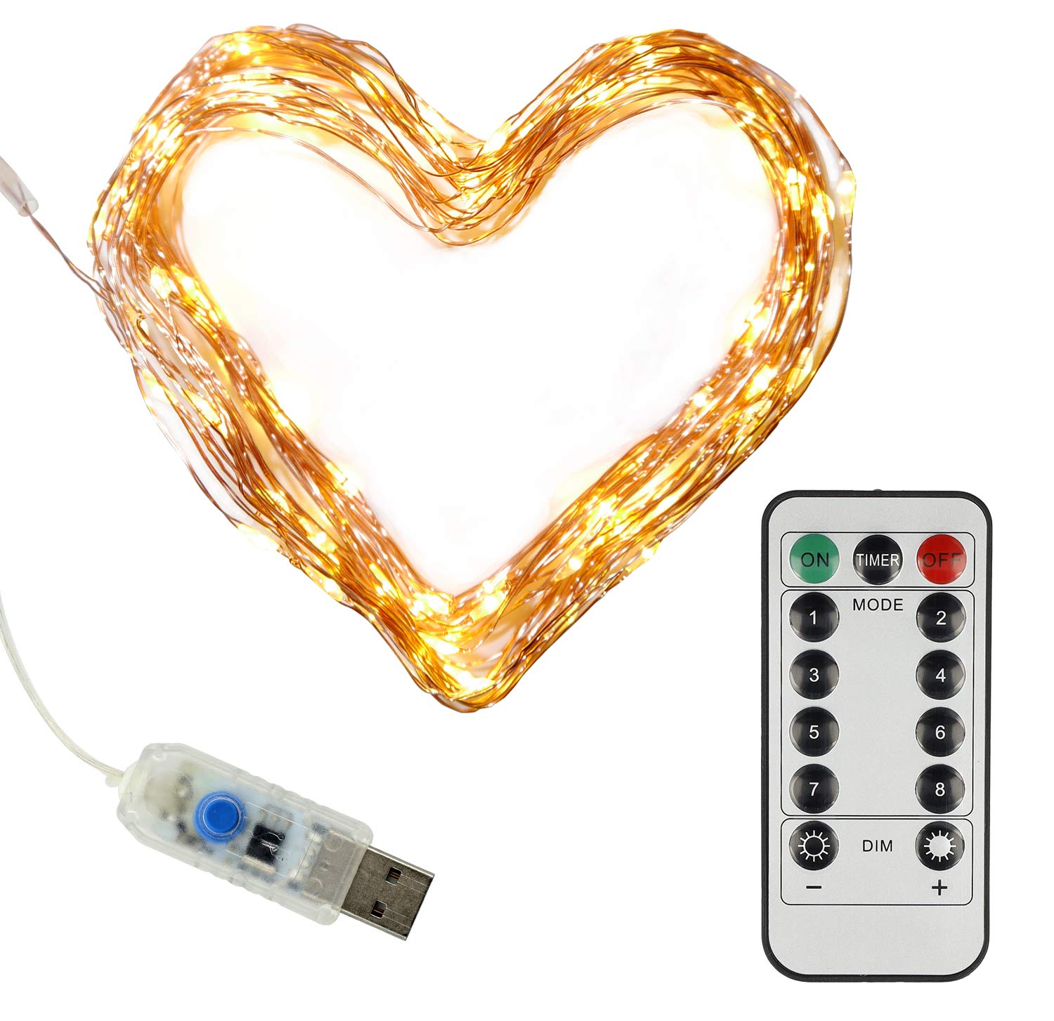 Clauss LED Mini String Lights with USB and Remote Control, Various Functions, 100 LEDs in Warm White, 10 m, Copper Wire, Indoor 5 Volt, Clauss10002