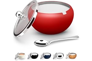 KooK Stainless Steel Sugar Bowl with Lid and Spoon, Serving Dish, Clear Glass Lid, Storage for Salt, Candy, Coffee, Holds 2 C
