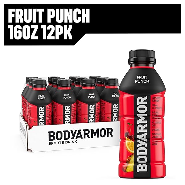 BODYARMOR SPORTS DRINK SPORTS BEVERAGE, FRUIT PUNCH, COCONUT WATER HYDRATION, NATURAL FLAVORS WITH VITAMINS, POTASSIUM-PACKED ELECTROLYTES, PERFECT FOR ATHLETES, 16 FL OZ (PACK OF 12)