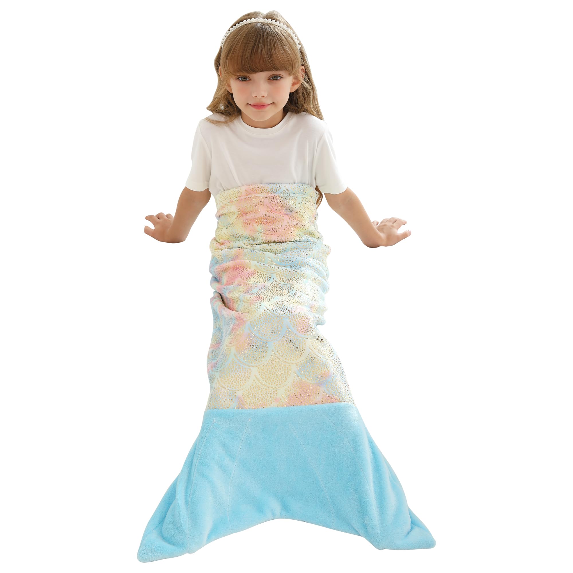 Softan Kids Mermaid Tail Blanket, Girls Toddlers Mermaid Toys, Little Mermaid Blanket with Rainbow Ombre Glittering Fish Scale Design, Gifts for Girls - 17" x 39" Plush Flannel Fleece