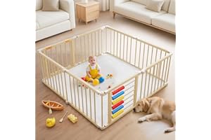 Baby Playpen,Wooden Foldable Playpen For Toddlers and Babies with Locking Gate, 8 Panels Baby Fence, Indoor Play Yard with Ab