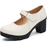 DADAWEN Women's Leather Classic Mid Heel Mary Jane Square Toe Oxfords Platform Dress Pumps Shoes