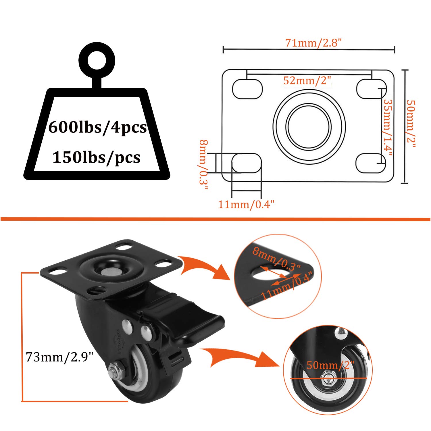 Moogiitools 2" Caster Wheels Set of 4, Heavy Duty Casters with Brake, No Noise Locking Casters with Polyurethane (PU) Wheels, Swivel Plate Castors Pack of 4: Industrial & Scientific