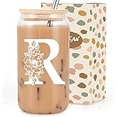 Coolife Initial Glass Cup, Monogrammed Gifts for Women, 16 oz Glass Cups w/Lids Straws, Iced Coffee Smoothie Beer Tumbler w/Straw Lid, Personalized Valentines, Birthday Gifts for Her Mom Friend Woman